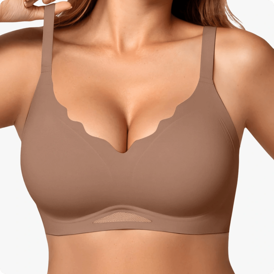 Wireless Scalloped V - Neck Mesh Push Up Bra - for Brown - Available at Bella Bra