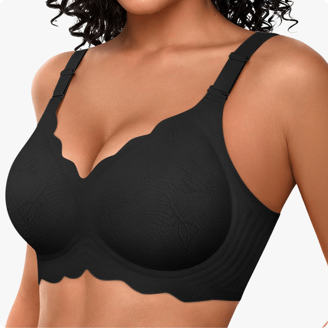 Wireless Scalloped Jacquard Front - Adjustable Support Bra - for Jacquard Black - Available at Bella Bra