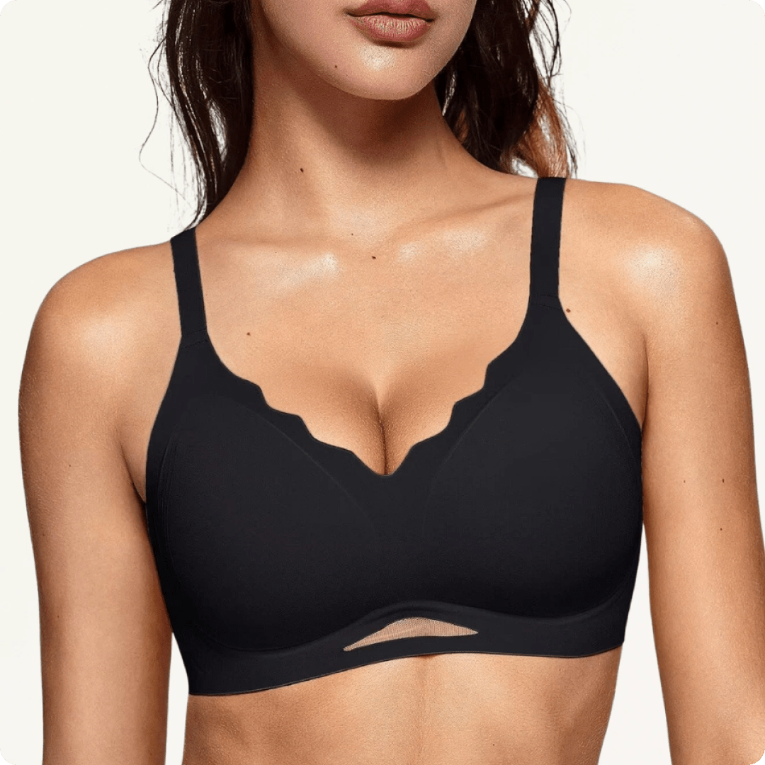 Wireless Scalloped V - Neck Mesh Push Up Bra - for Black - Available at Bella Bra